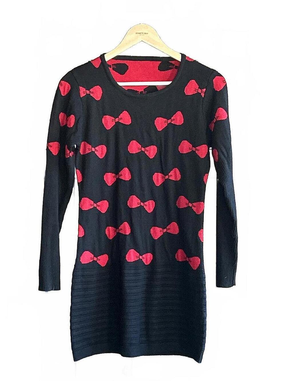 Womens Knit Dress Small Black Red Bows Long Sleeve Mini Round Neckline Bodycon